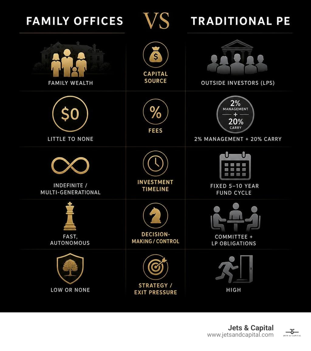 Family offices vs traditional PE comparison: capital source, fees, timeline, control, and strategy infographic