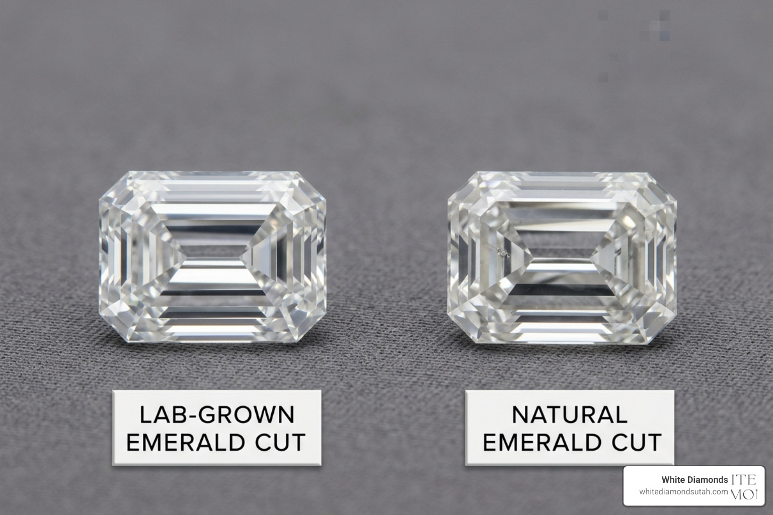Comparison of lab-grown vs natural emerald cut diamonds side by side