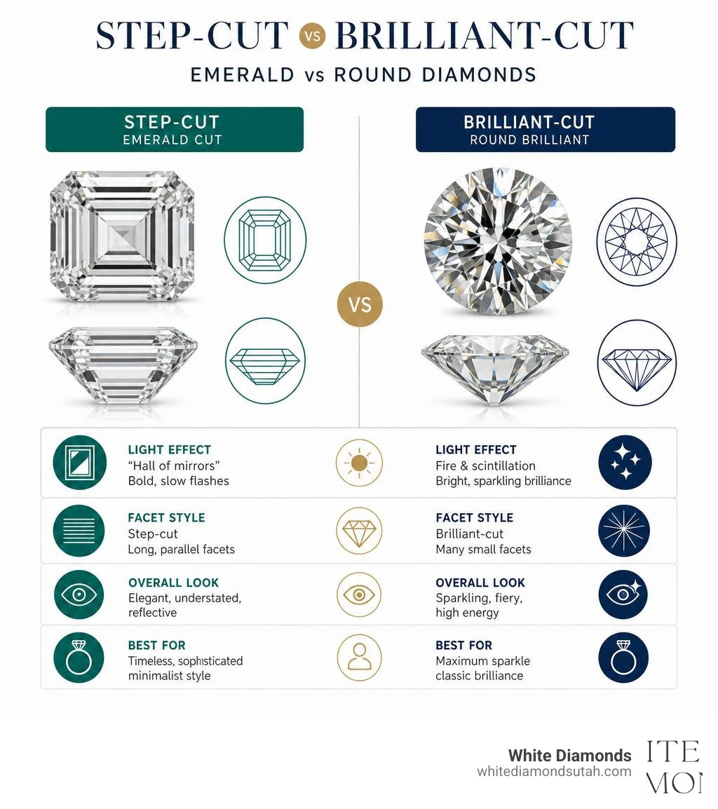 Infographic comparing step-cut vs brilliant-cut faceting in emerald and round diamonds infographic