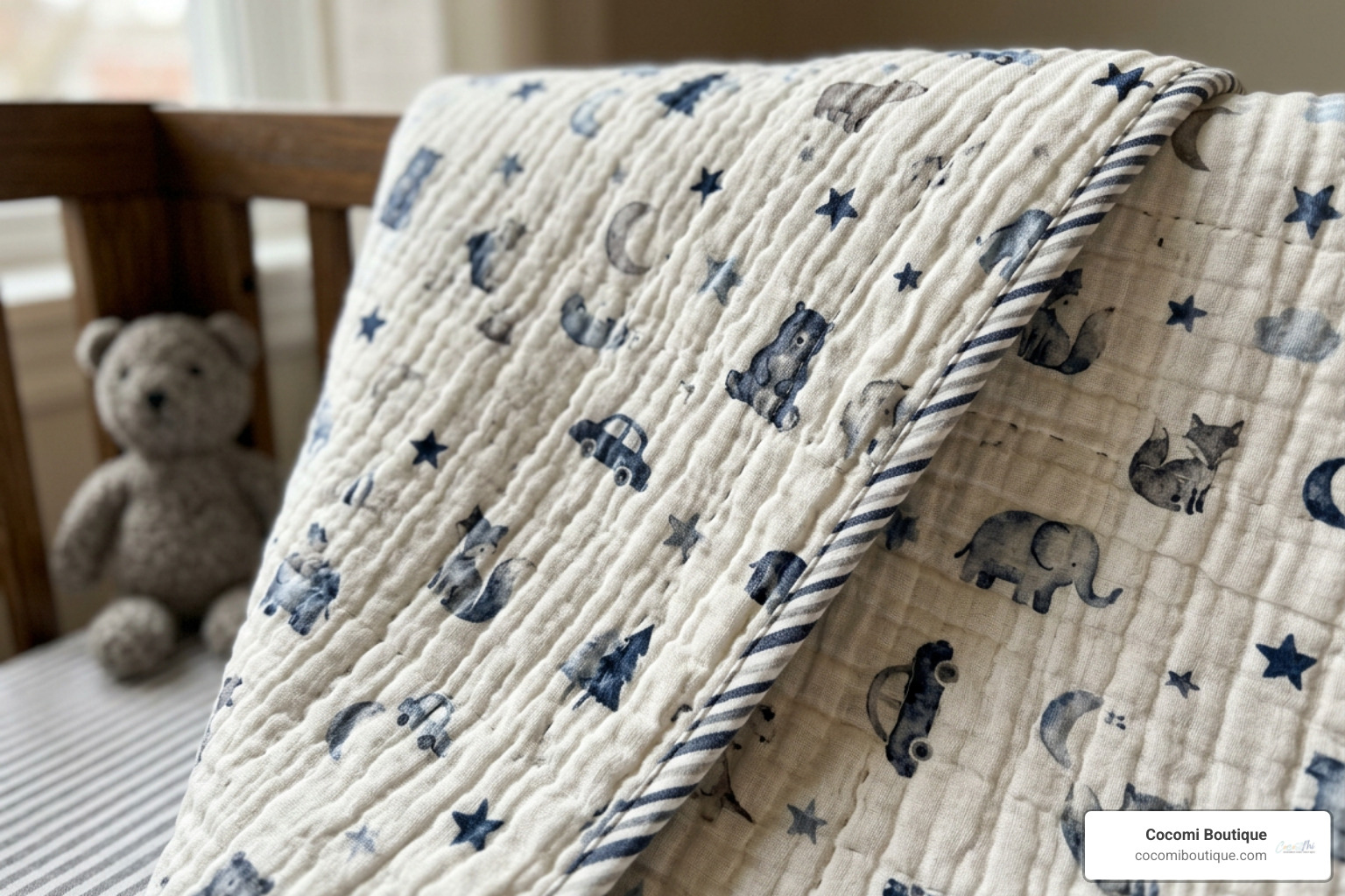 A close-up of a multi-layer premium muslin quilt for boys showing its rich texture