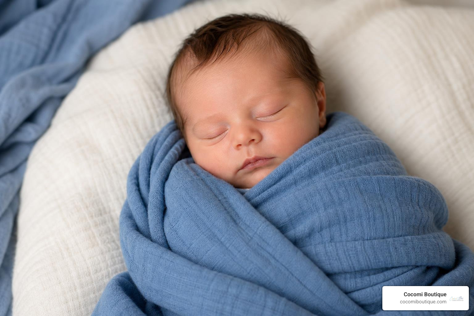 A peaceful sleeping baby boy wrapped snugly in a soft, breathable blue muslin blanket