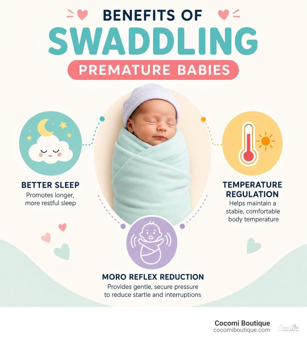 Benefits of swaddling premature babies infographic showing sleep improvement, temperature regulation, Moro reflex reduction
