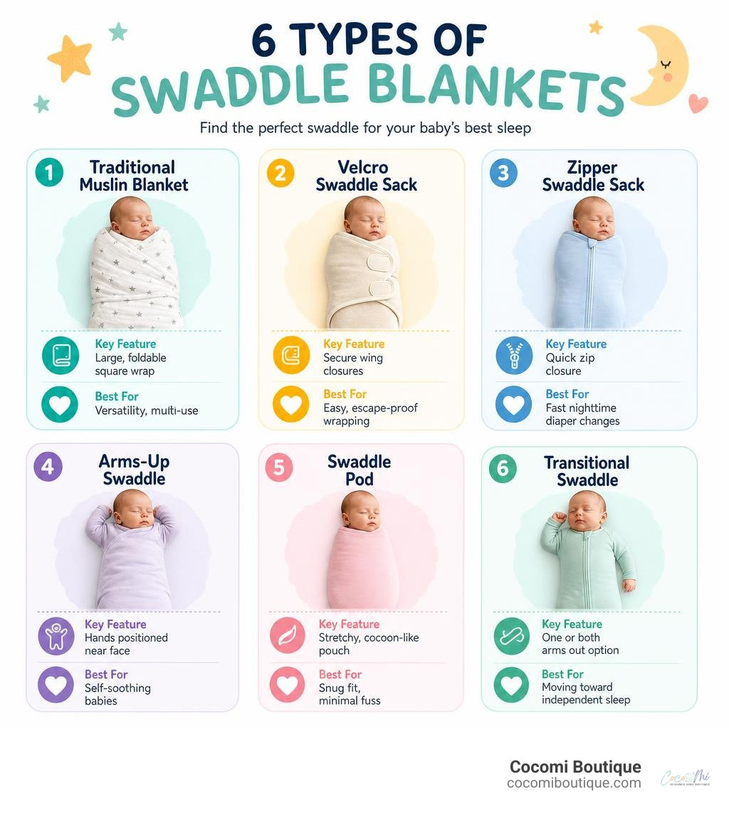 Infographic showing six types of swaddle blankets with key features and best use for each type infographic