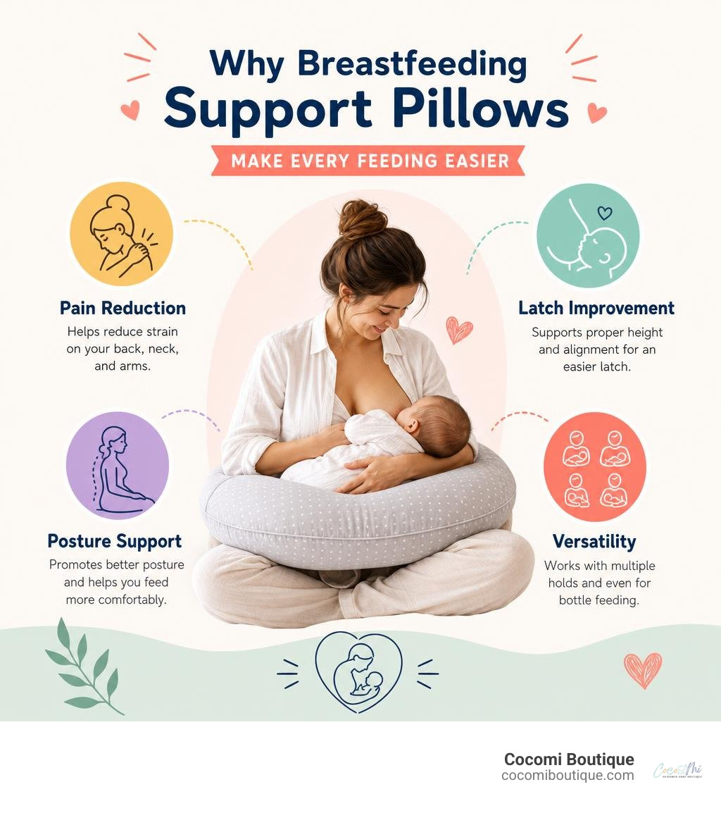 Infographic showing key benefits of breastfeeding support pillows: pain reduction, latch improvement, posture support
