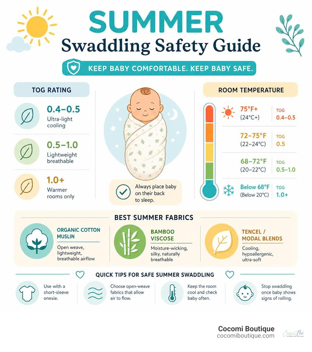 Summer swaddling safety guide showing TOG ratings, temperatures, and fabric tips infographic