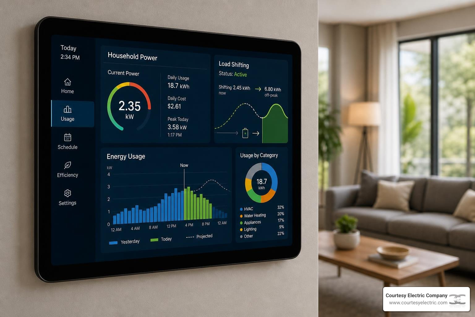 smart home energy dashboard displaying real-time household power consumption and load shifting