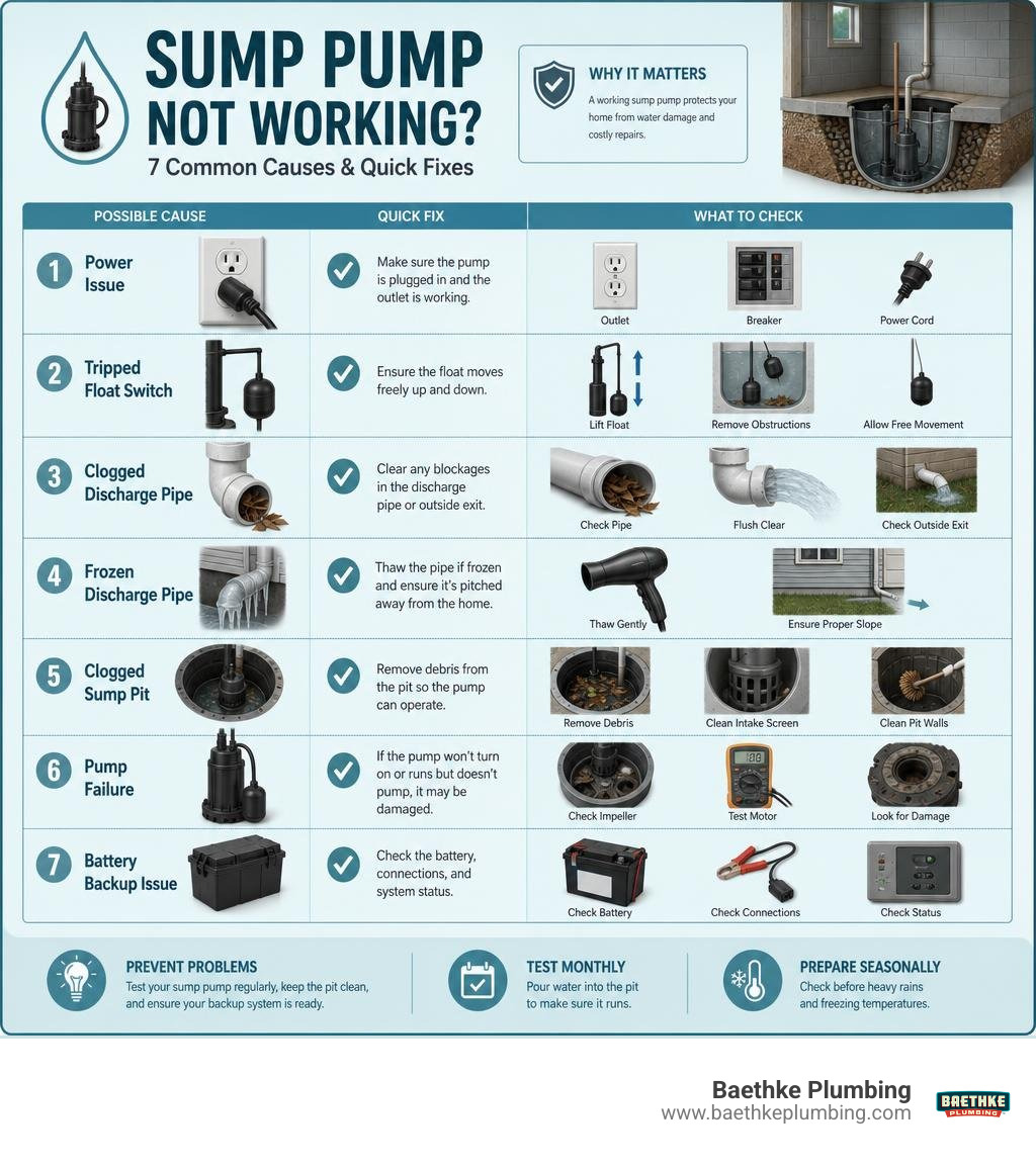 infographic showing 7 common sump pump failure causes and quick fixes with lifespan data infographic
