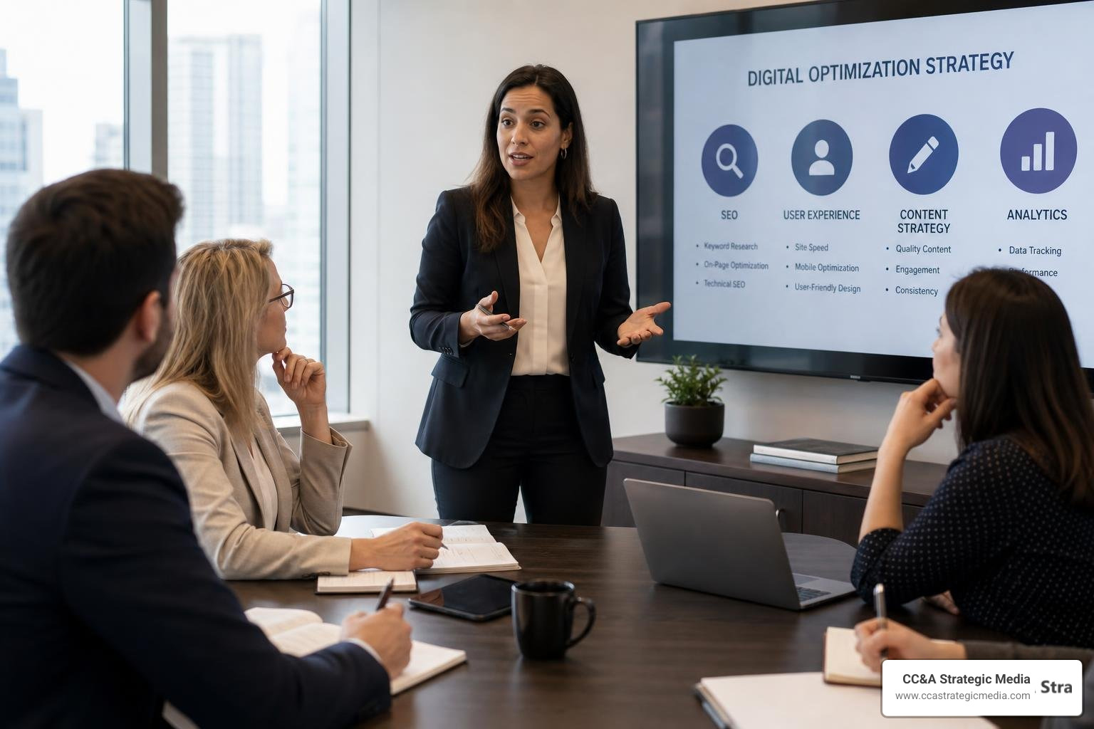 An active female legal consultant explaining digital optimization strategies in a modern conference room