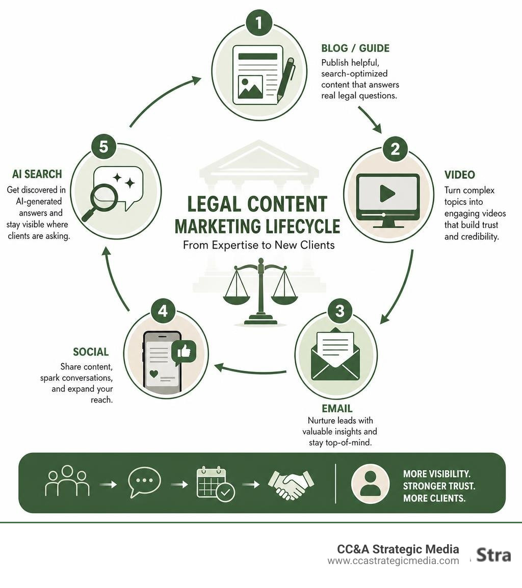 Legal content marketing lifecycle infographic showing blog, video, email, social, and AI search stages infographic
