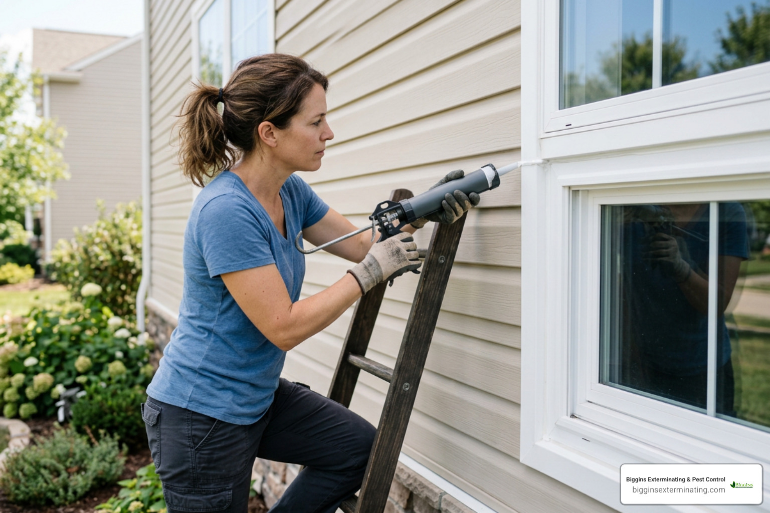 A homeowner applying a clean bead of silicone caulk along the exterior seam of a window frame