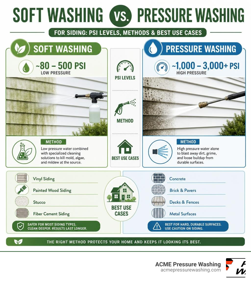 Soft washing vs pressure washing for siding infographic showing PSI levels, methods, and best use cases infographic Soft washing vs pressure washing for siding infographic showing PSI levels, methods, and best use cases infographic