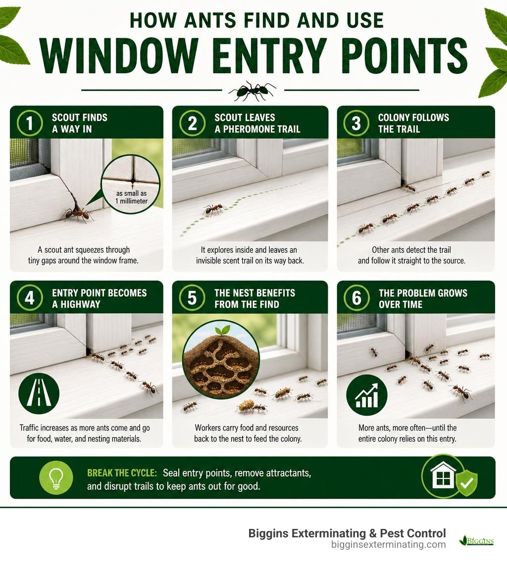 Infographic showing how ants find and use window entry points step by step infographic