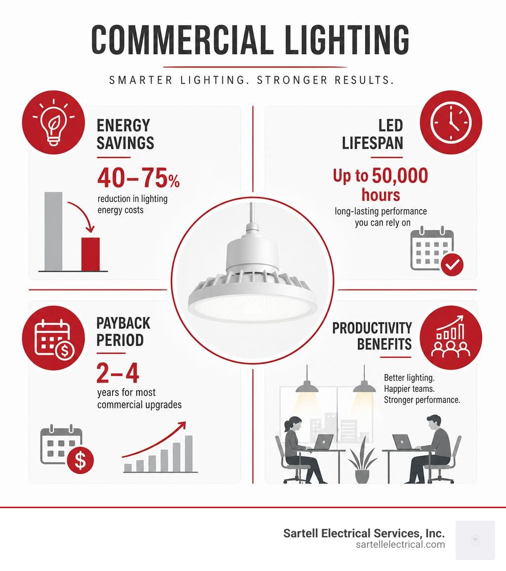 Infographic showing commercial lighting energy savings, LED lifespan, payback period, and productivity benefits infographic