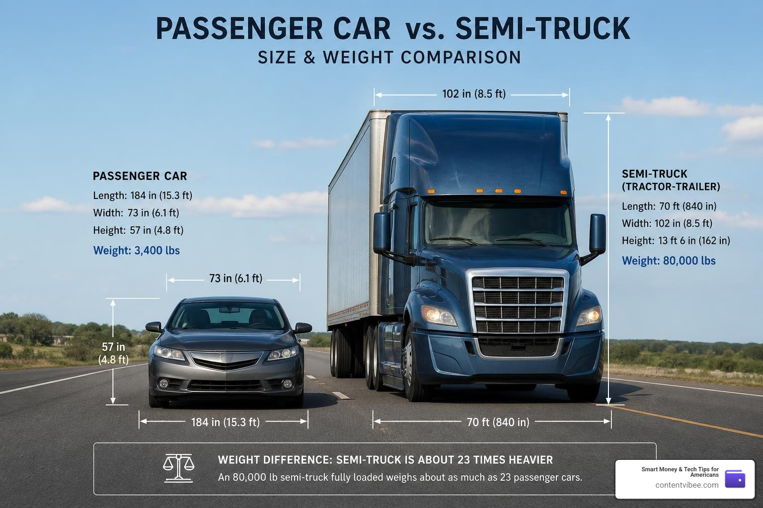 Passenger car versus semi-truck size and weight comparison dimensions