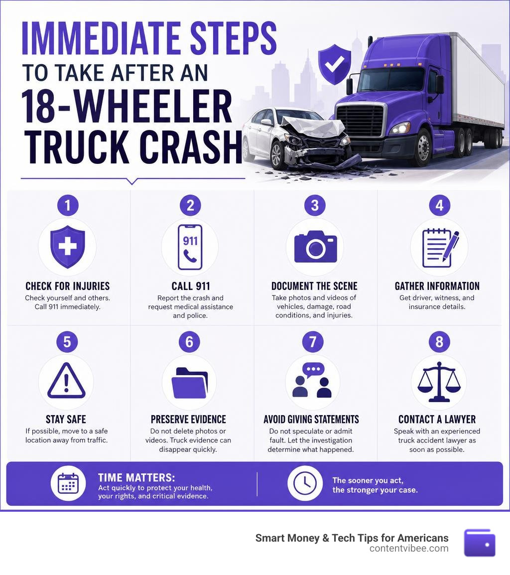 Immediate steps to take after an 18-wheeler truck crash infographic infographic