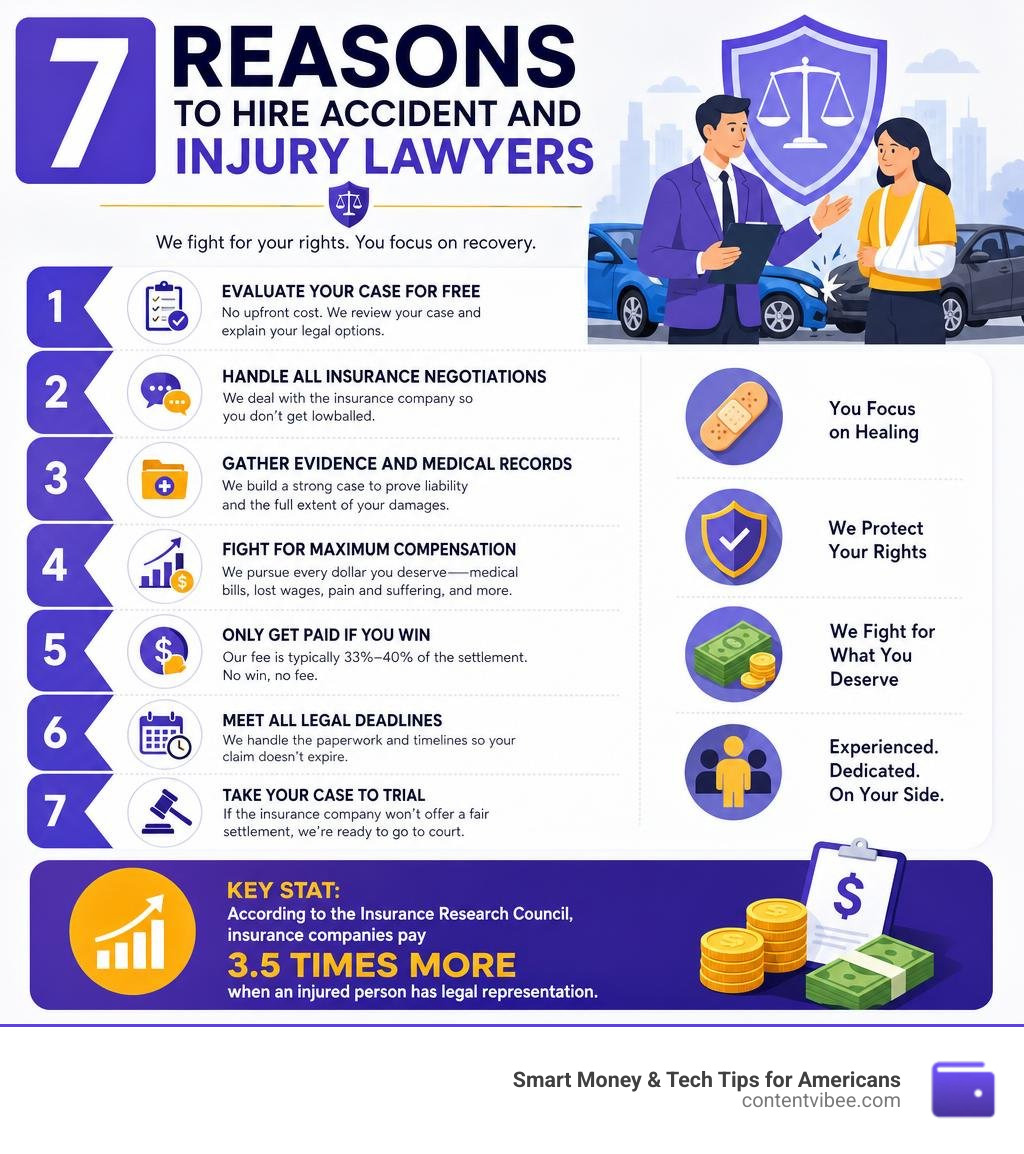 7 reasons to hire accident and injury lawyers infographic with steps and key stats infographic
