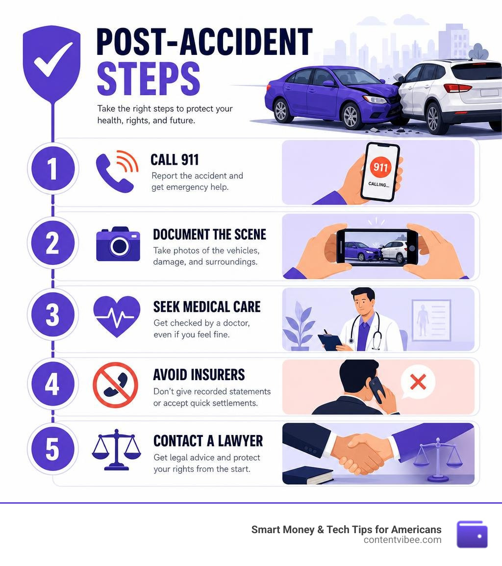 Post-accident steps infographic showing call 911, document scene, seek medical care, avoid insurers, contact a lawyer Post-accident steps infographic showing call 911, document scene, seek medical care, avoid insurers, contact a lawyer