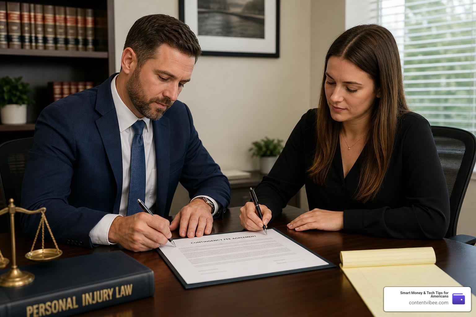 Client and car accident lawyer signing a contingency fee agreement
