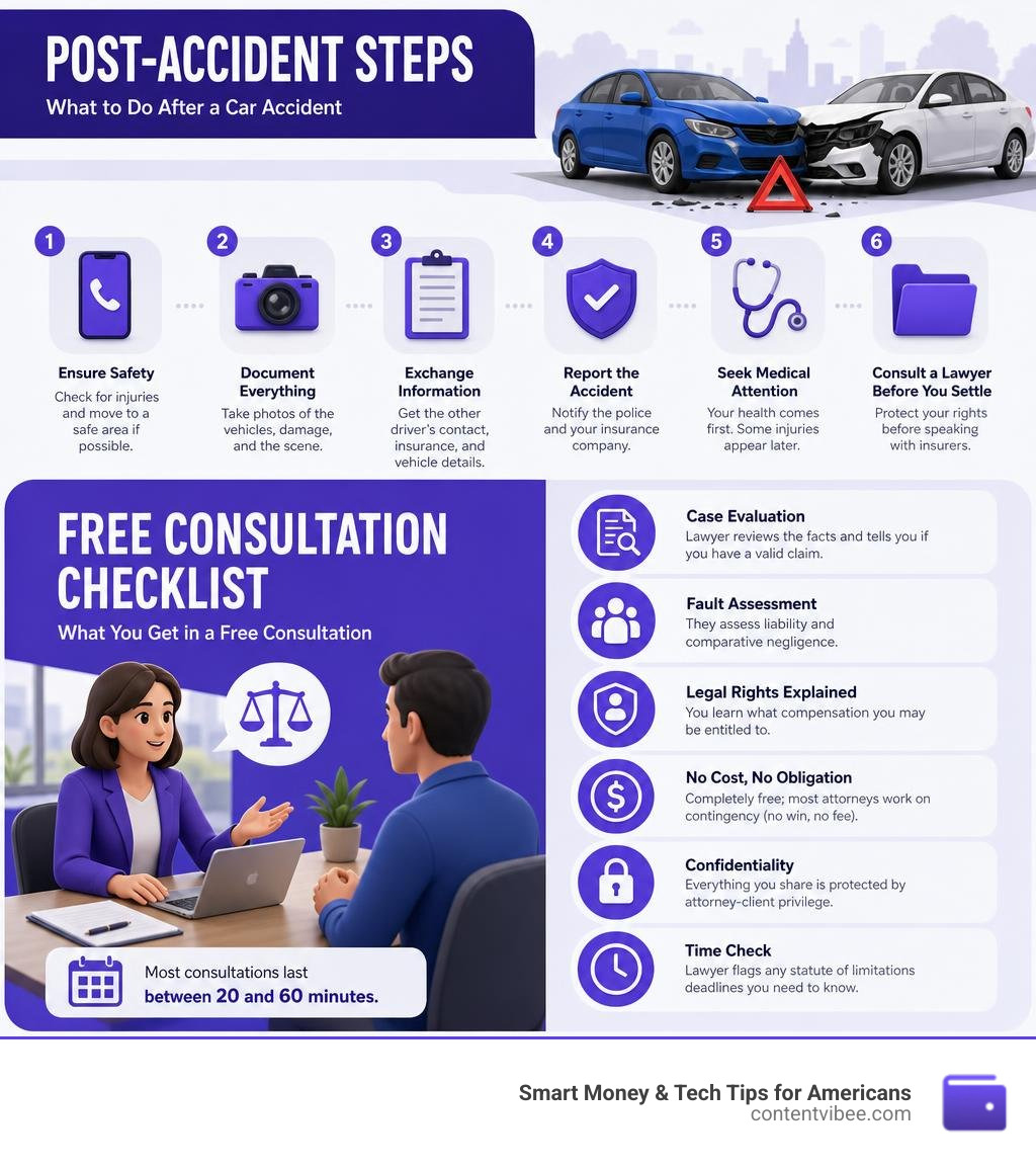 Post-accident steps and free consultation checklist for car accident claims infographic