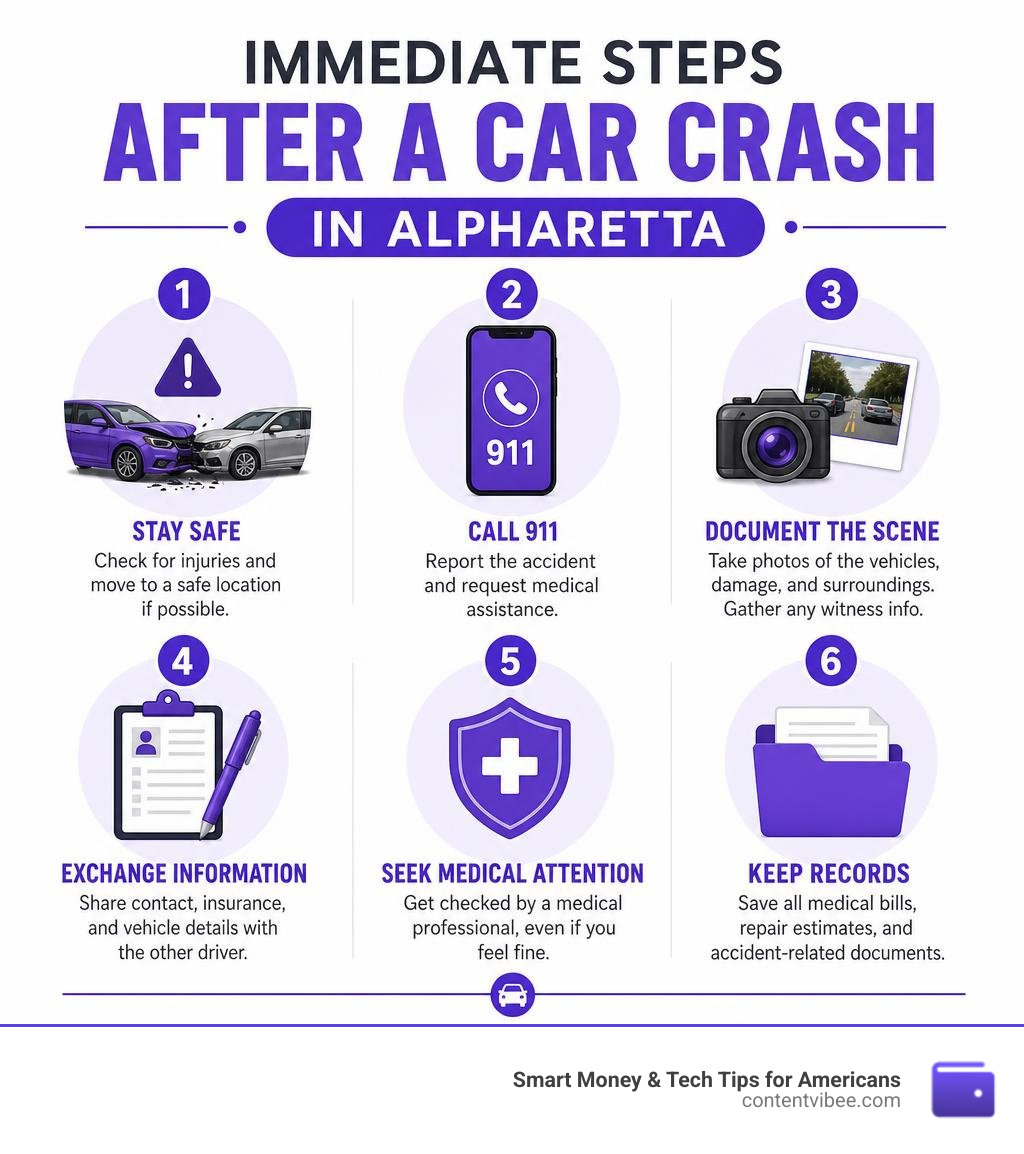 Immediate steps after a car crash in Alpharetta infographic with 6 key actions infographic