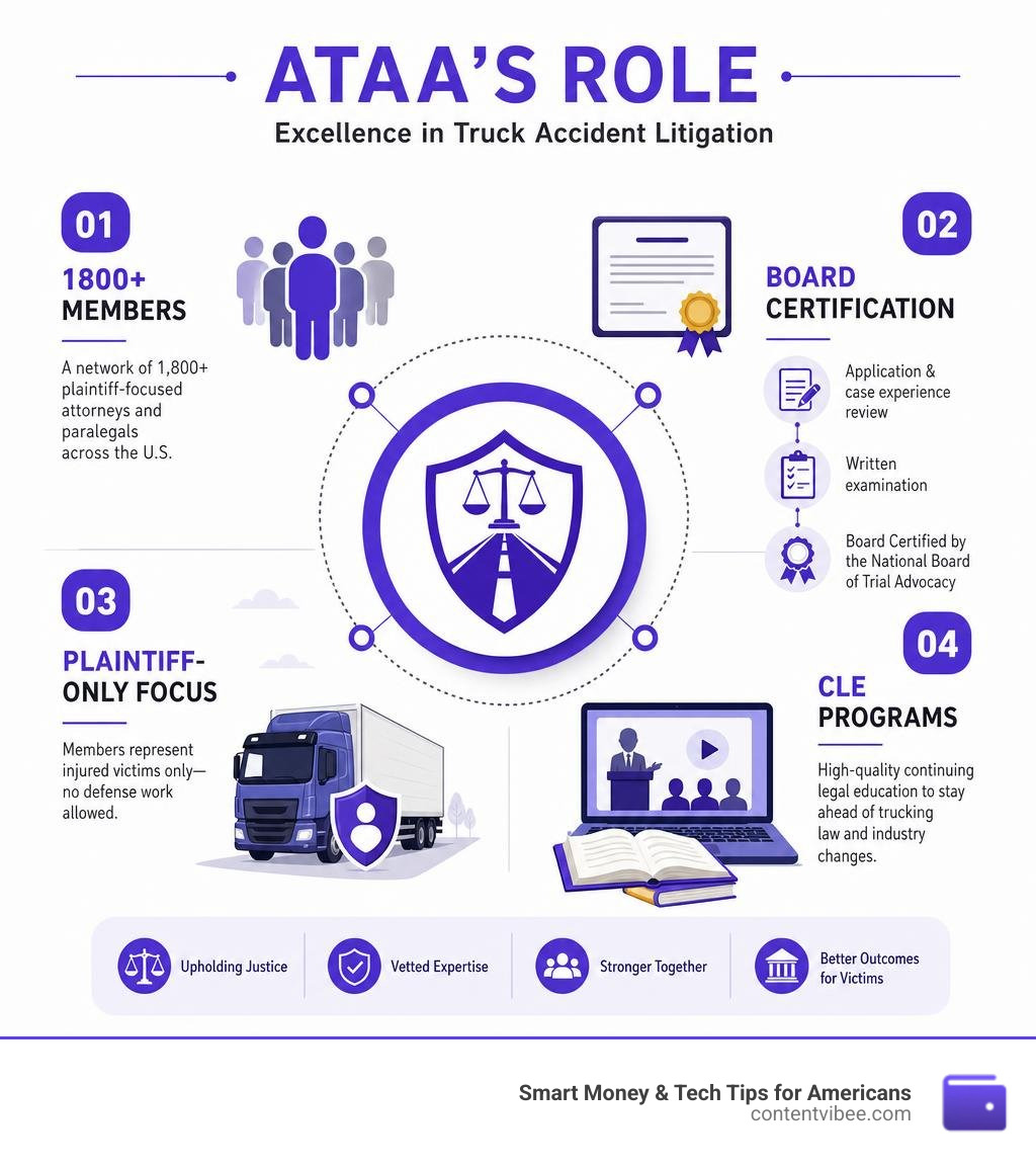 Infographic showing ATAA's role: 1800+ members, board certification process, plaintiff-only focus, CLE programs infographic