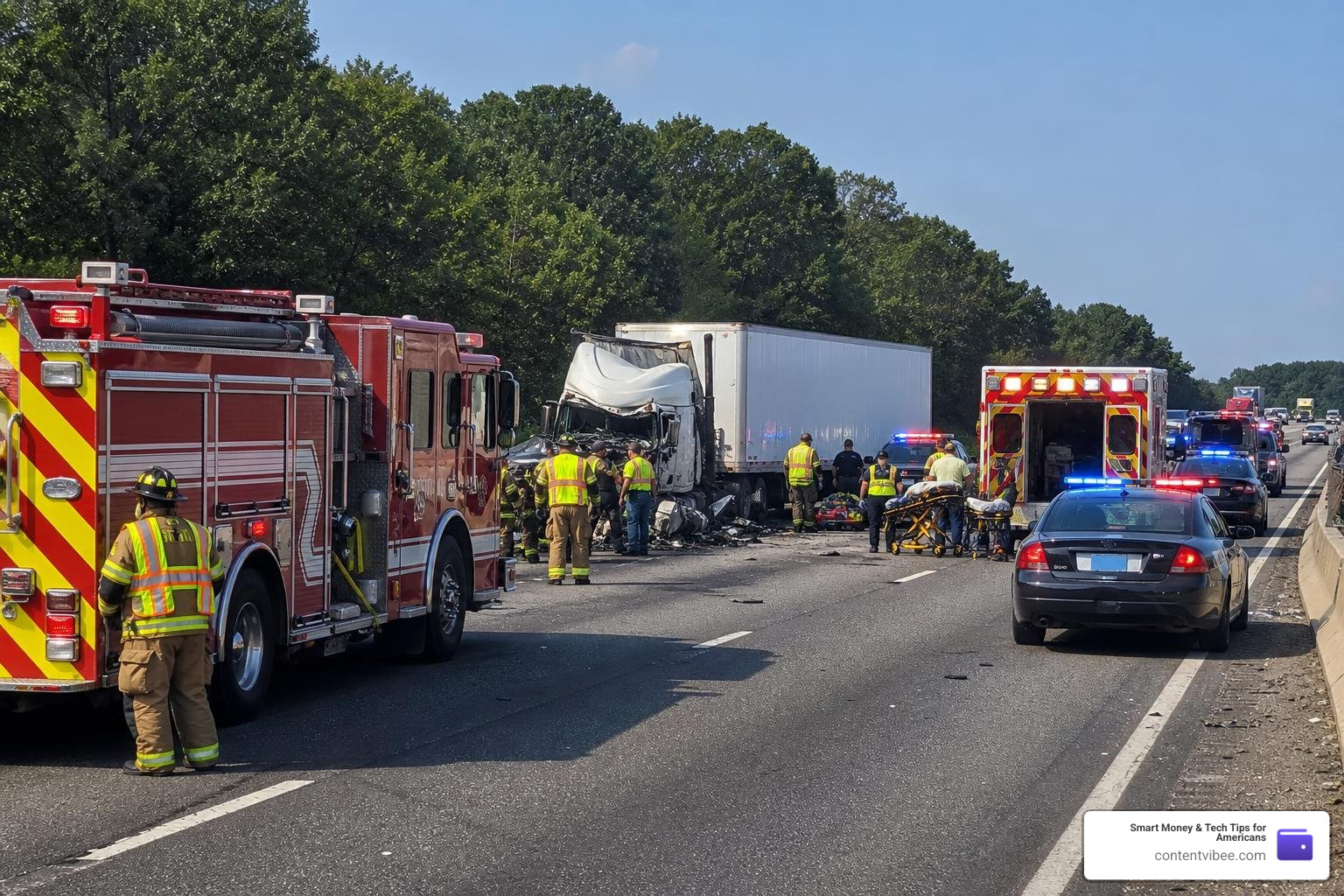 Emergency services responding to a major commercial vehicle crash scene