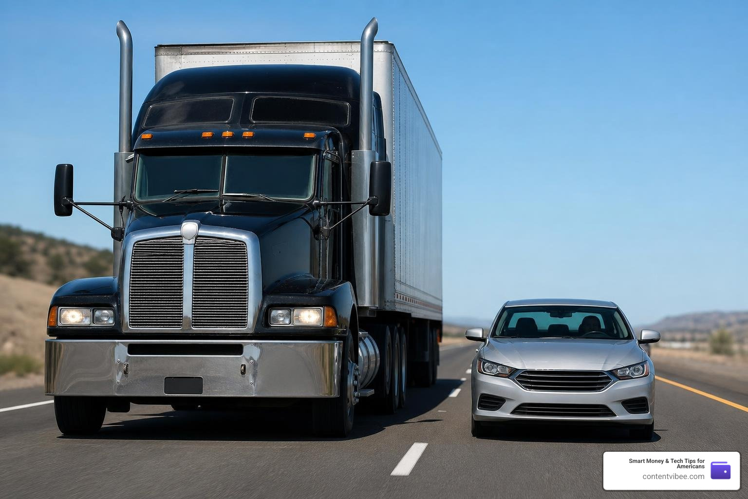 Comparison of a massive commercial semi-truck and a small passenger car