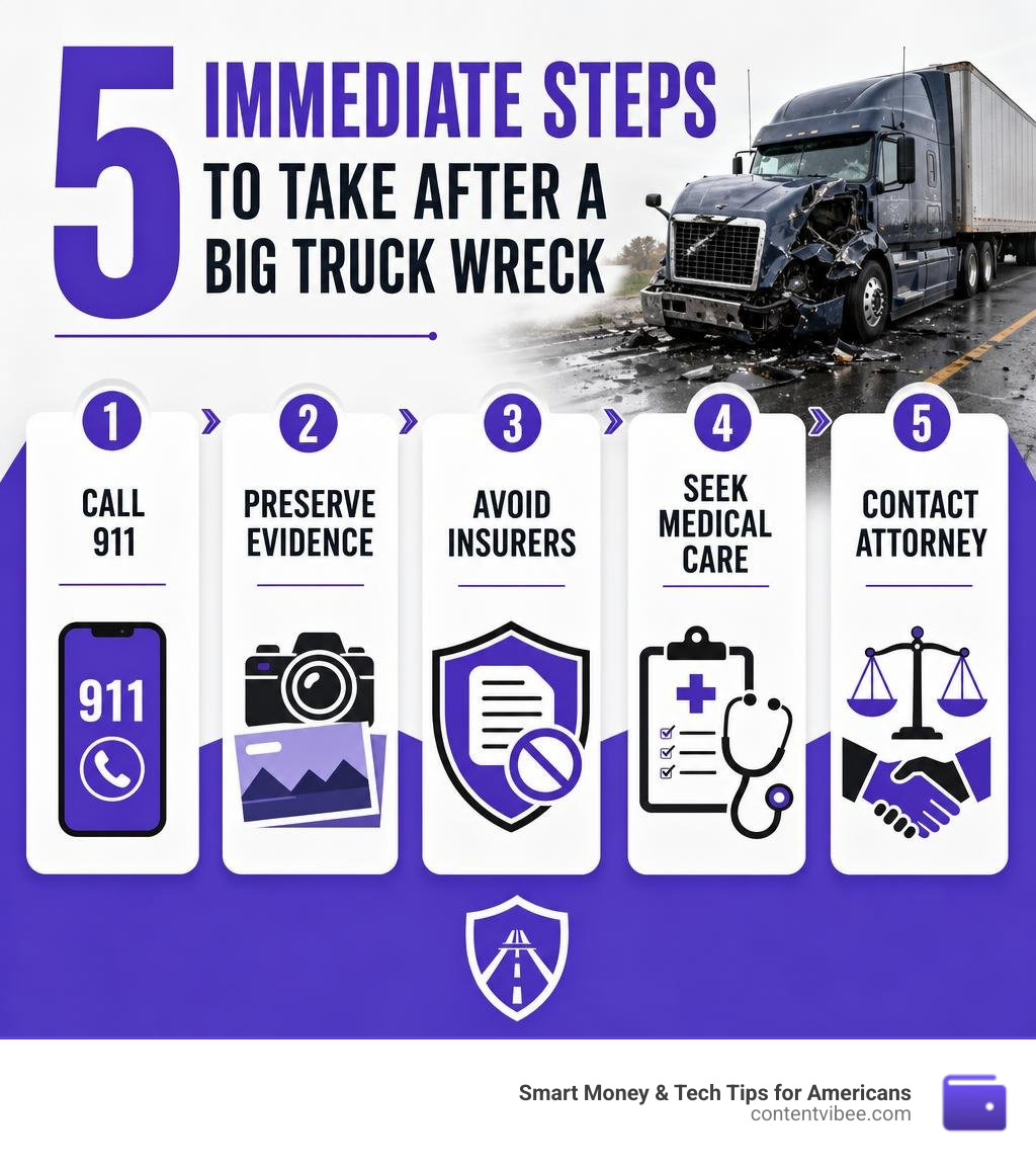 5 immediate steps to take after a big truck wreck including call 911, preserve evidence, avoid insurers, seek medical care