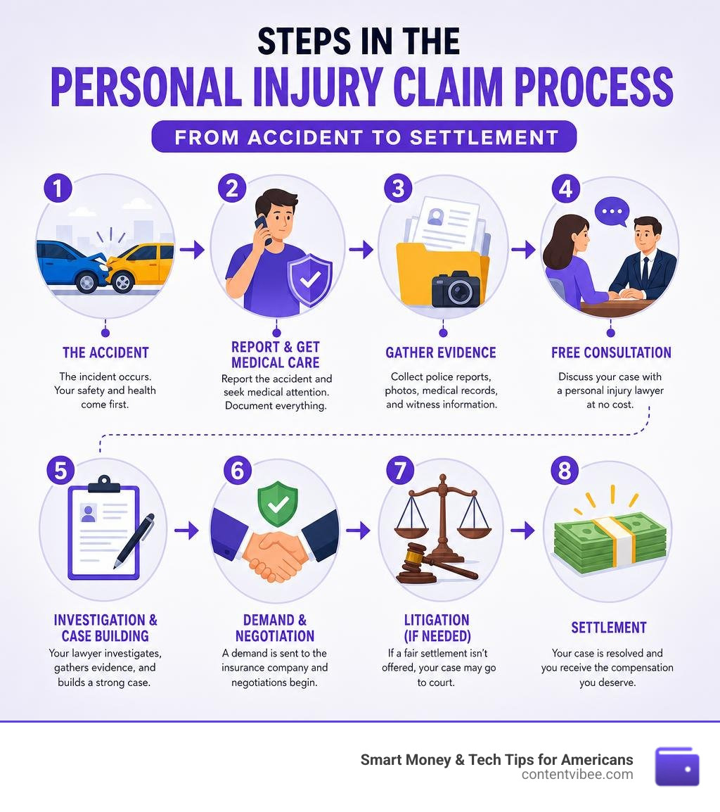Steps in the personal injury claim process from accident to settlement infographic