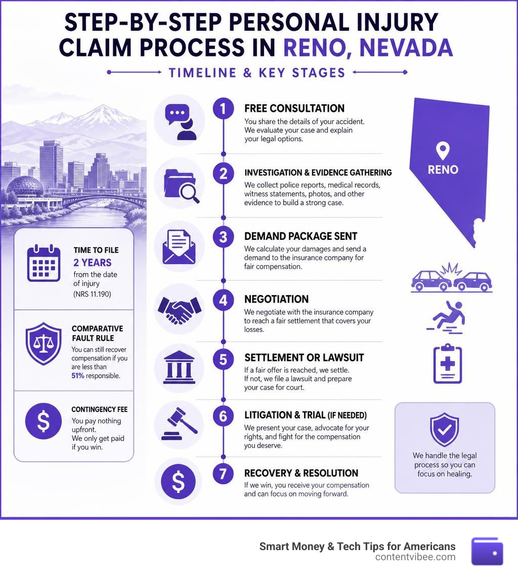 Step-by-step personal injury claim process in Reno Nevada with timeline and key stages infographic