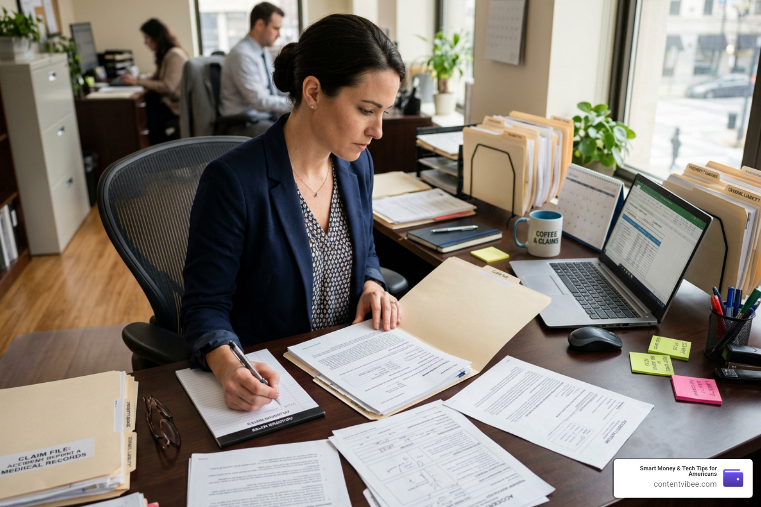 Insurance adjuster reviewing a personal injury claim file