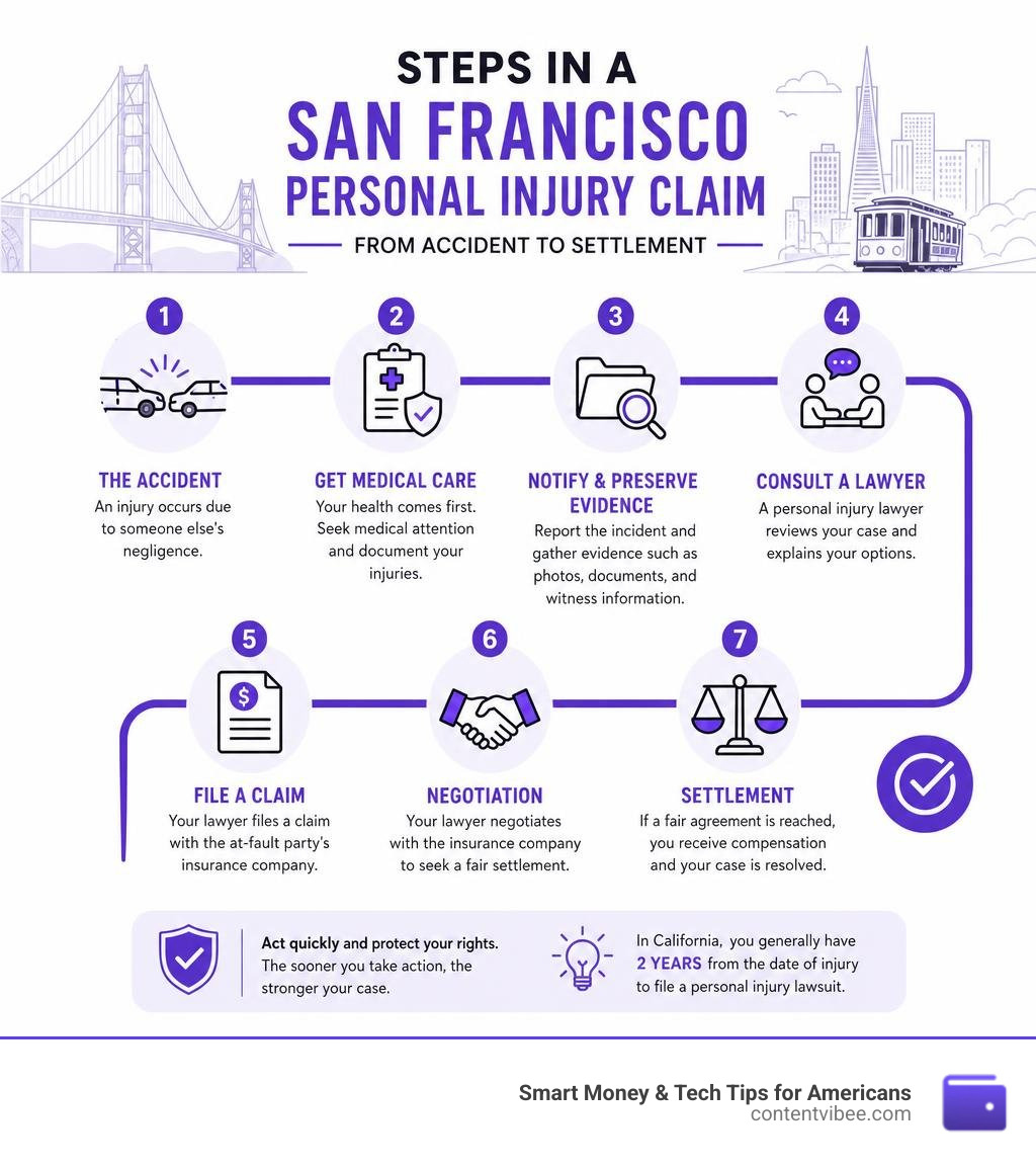 Steps in a San Francisco personal injury claim from accident to settlement infographic