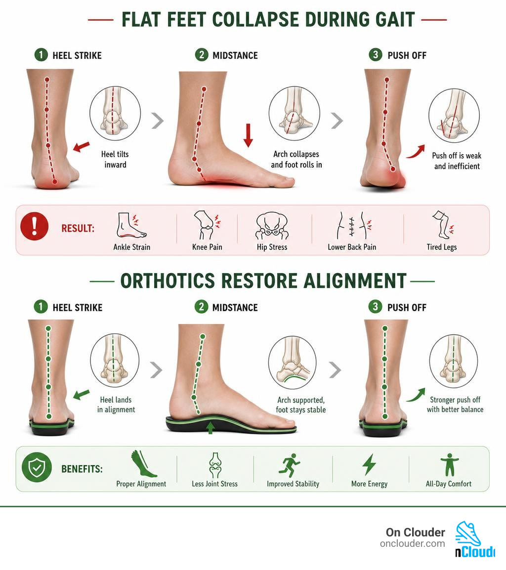 infographic showing how flat feet collapse during gait and how orthotics restore alignment infographic