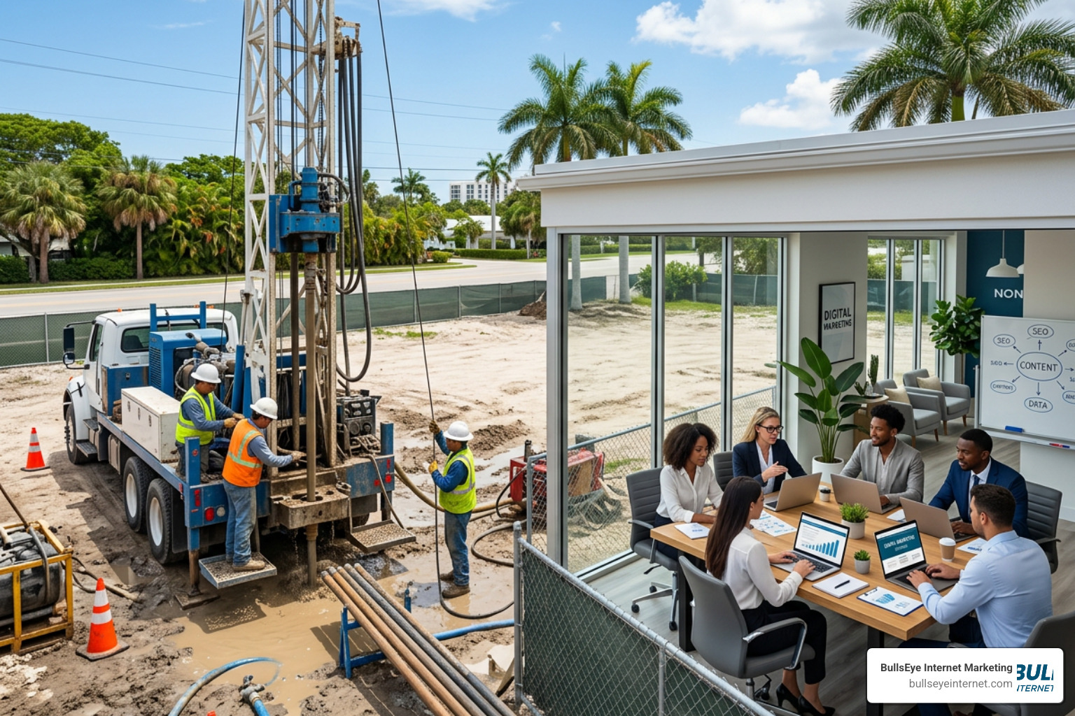 traditional vs digital local business infrastructure in South Florida Traditional well drilling contrasted with modern digital marketing team at work.