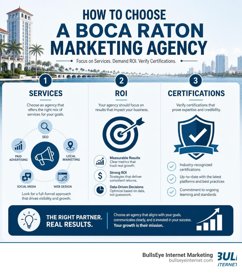 Infographic showing how to choose a Boca Raton marketing agency based on services, ROI, and certifications infographic Boca Raton marketing agency guide highlighting services, ROI, and certifications for business growth.