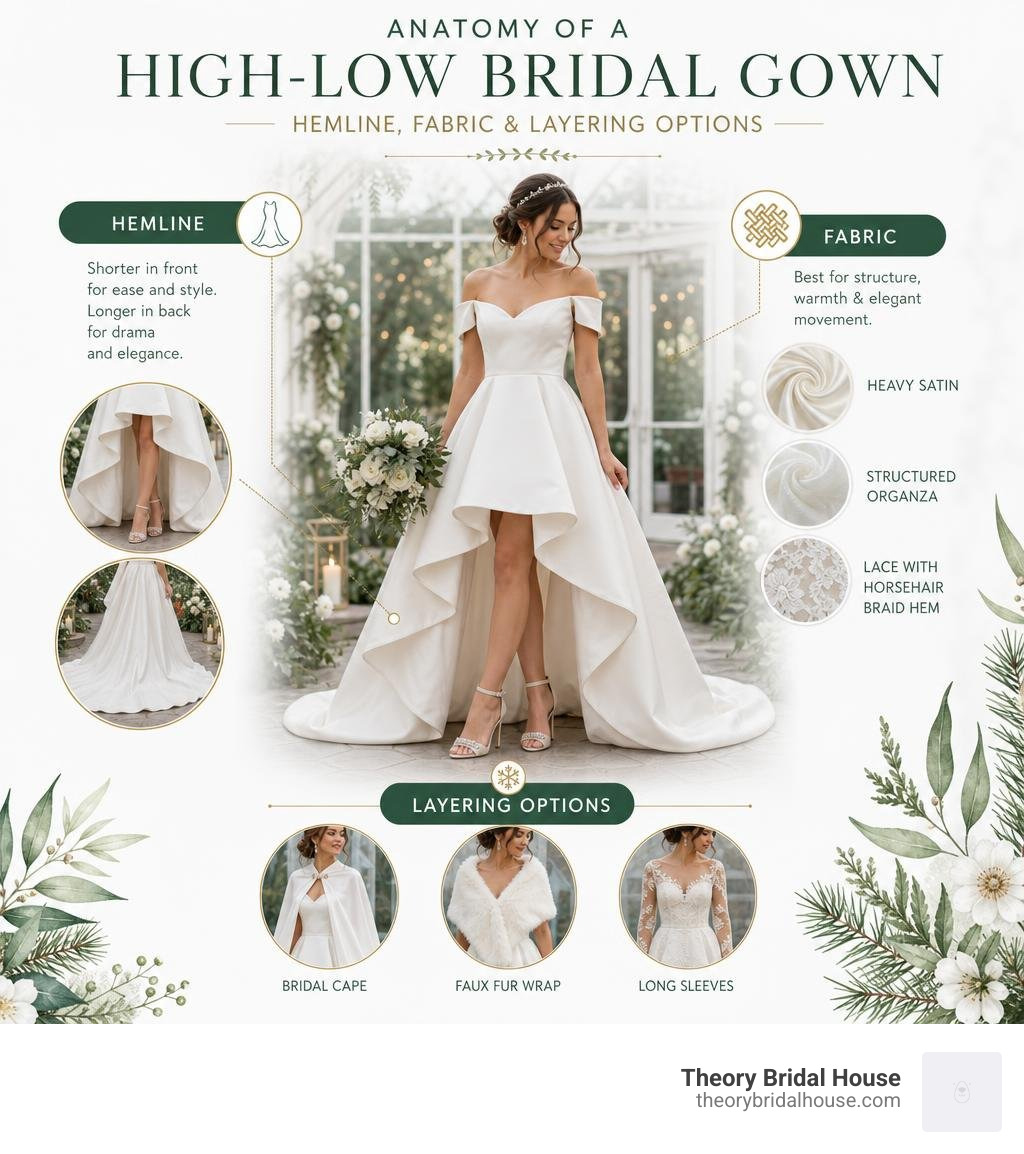 Anatomy of a high-low bridal gown with labeled hemline, fabric, and layering options infographic