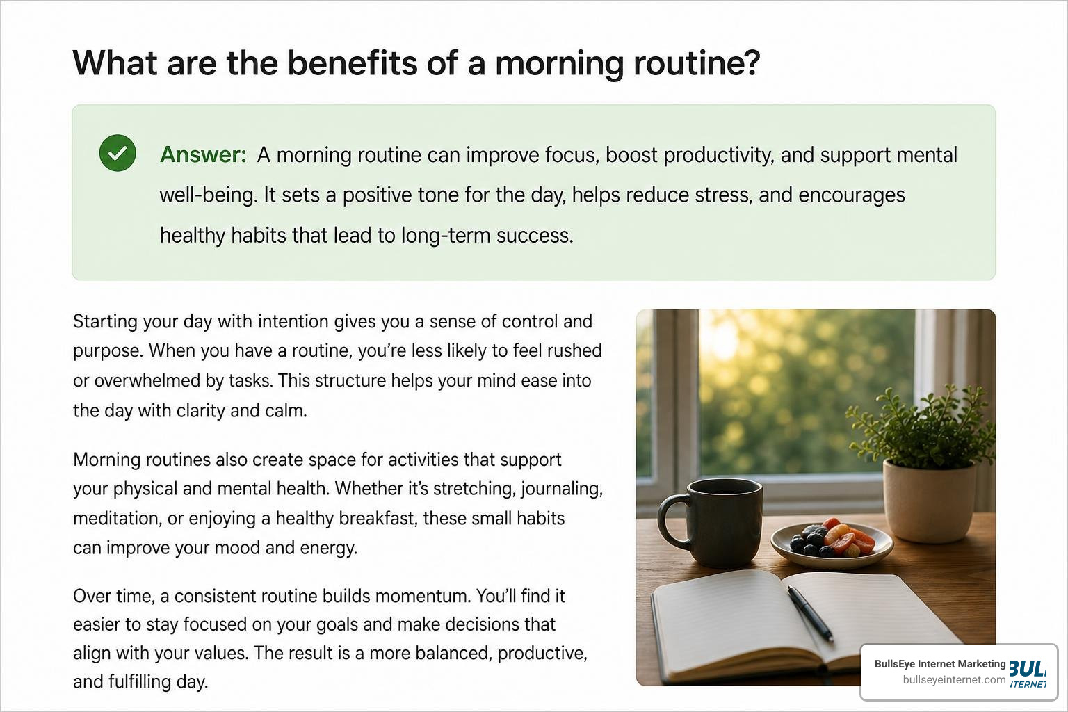 Content structure diagram highlighting the BLUF framework and a 40 to 60 word citation block Answer box example: morning routine benefits, focus and productivity, healthy habits and lifestyle.