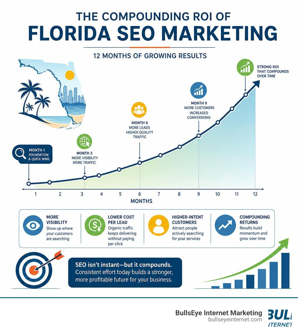 Infographic showing compounding ROI of Florida SEO marketing over 12 months infographic Florida SEO marketing chart illustrating compounding ROI and growing results over 12 months.