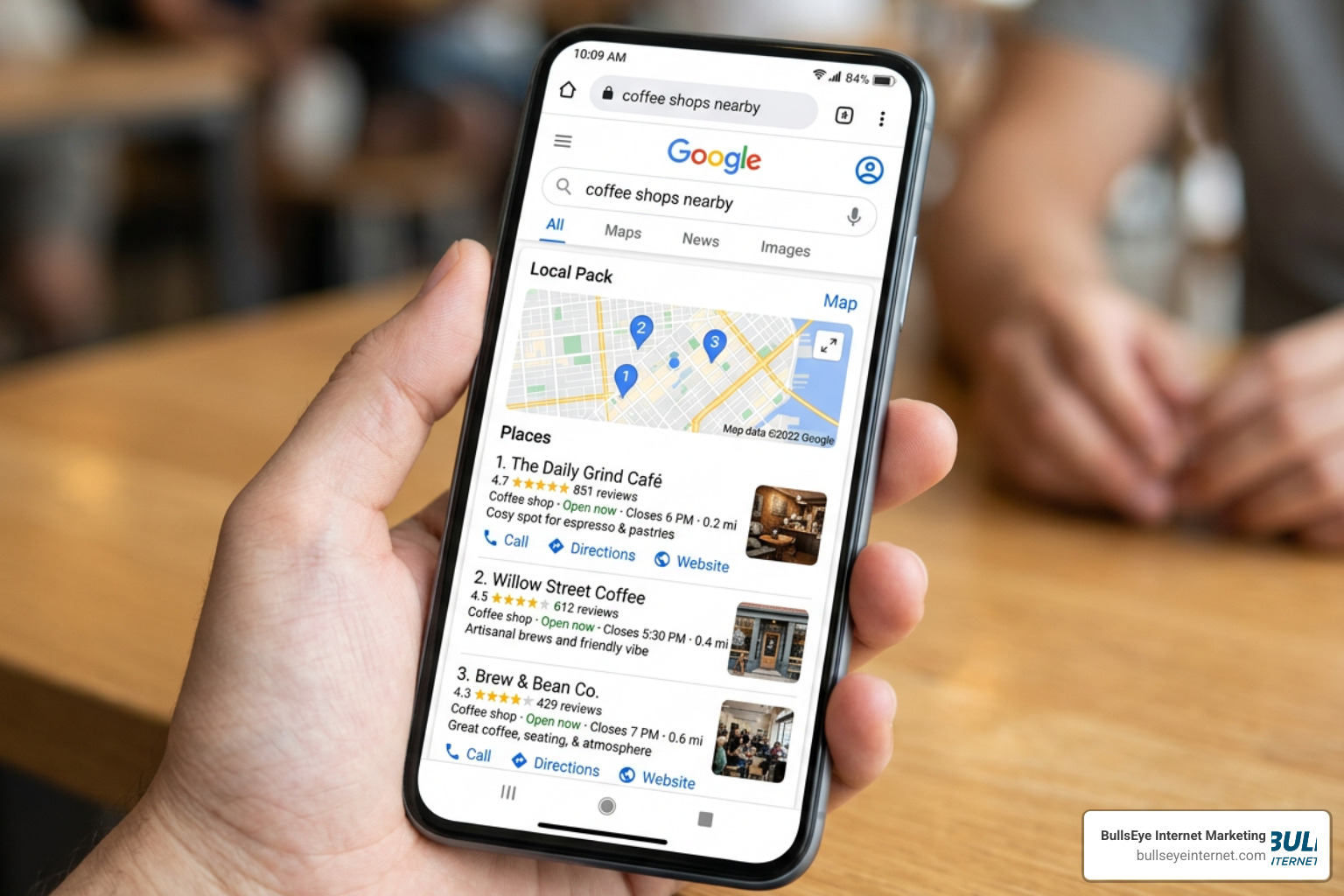 Google Local Pack search results showing top local businesses Google search results for "coffee shops nearby" displaying Local Pack and Google Maps.