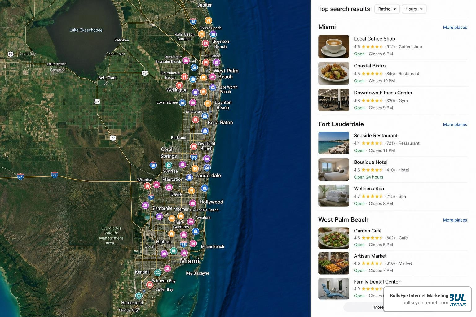 Local search map results showing top South Florida businesses Map of South Florida showing local business search results and BullsEye Internet Marketing location.