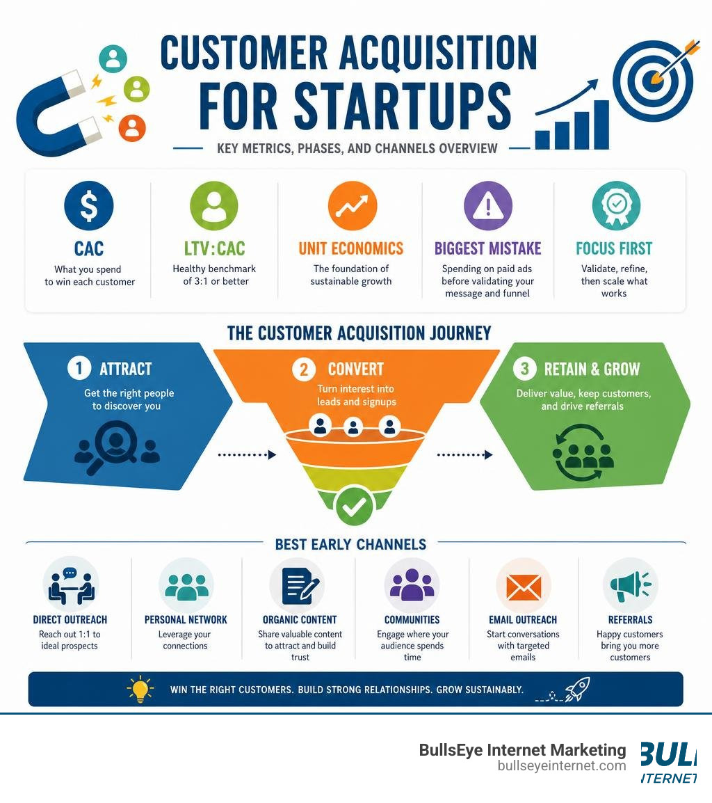 Customer acquisition for startups: key metrics, phases, and channels overview infographic infographic Customer acquisition journey infographic highlighting CAC, LTV:CAC, unit economics, and key marketing channels for startups.