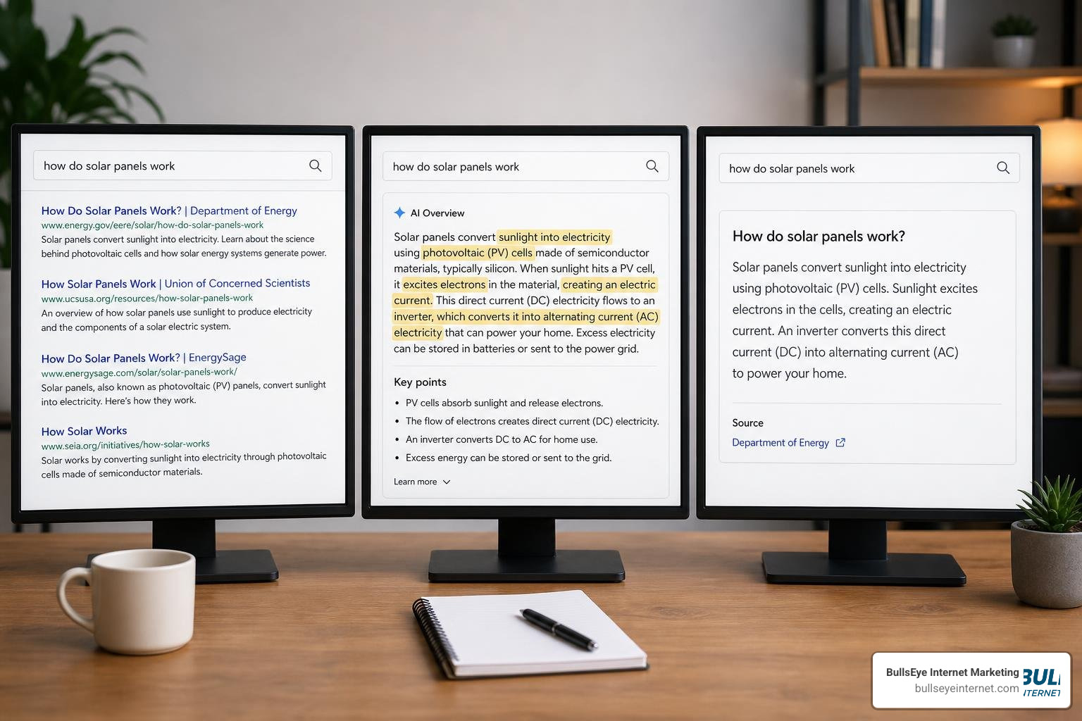 Evolution of search engines from blue links to AI summaries and direct answer boxes Computer screens displaying Answer Engine Optimization (AEO) examples and search results.