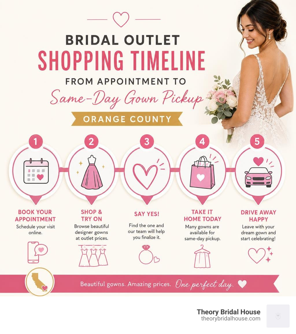 Infographic showing the bridal outlet shopping timeline from appointment to same-day gown pickup in Orange County infographic Infographic showing the bridal outlet shopping timeline from appointment to same-day gown pickup in Orange County infographic