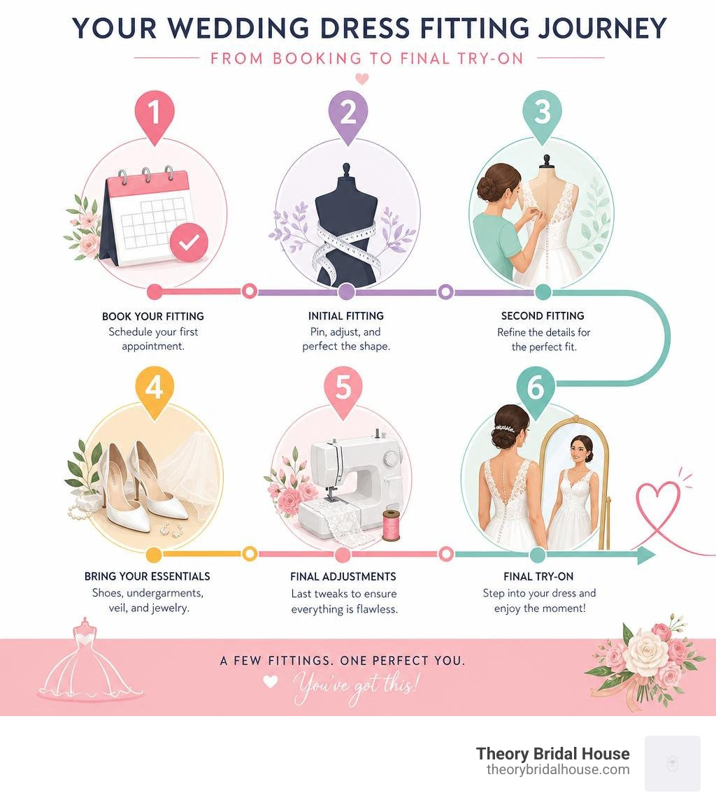 Step-by-step wedding dress fitting journey infographic from booking to final try-on infographic Step-by-step wedding dress fitting journey infographic from booking to final try-on infographic