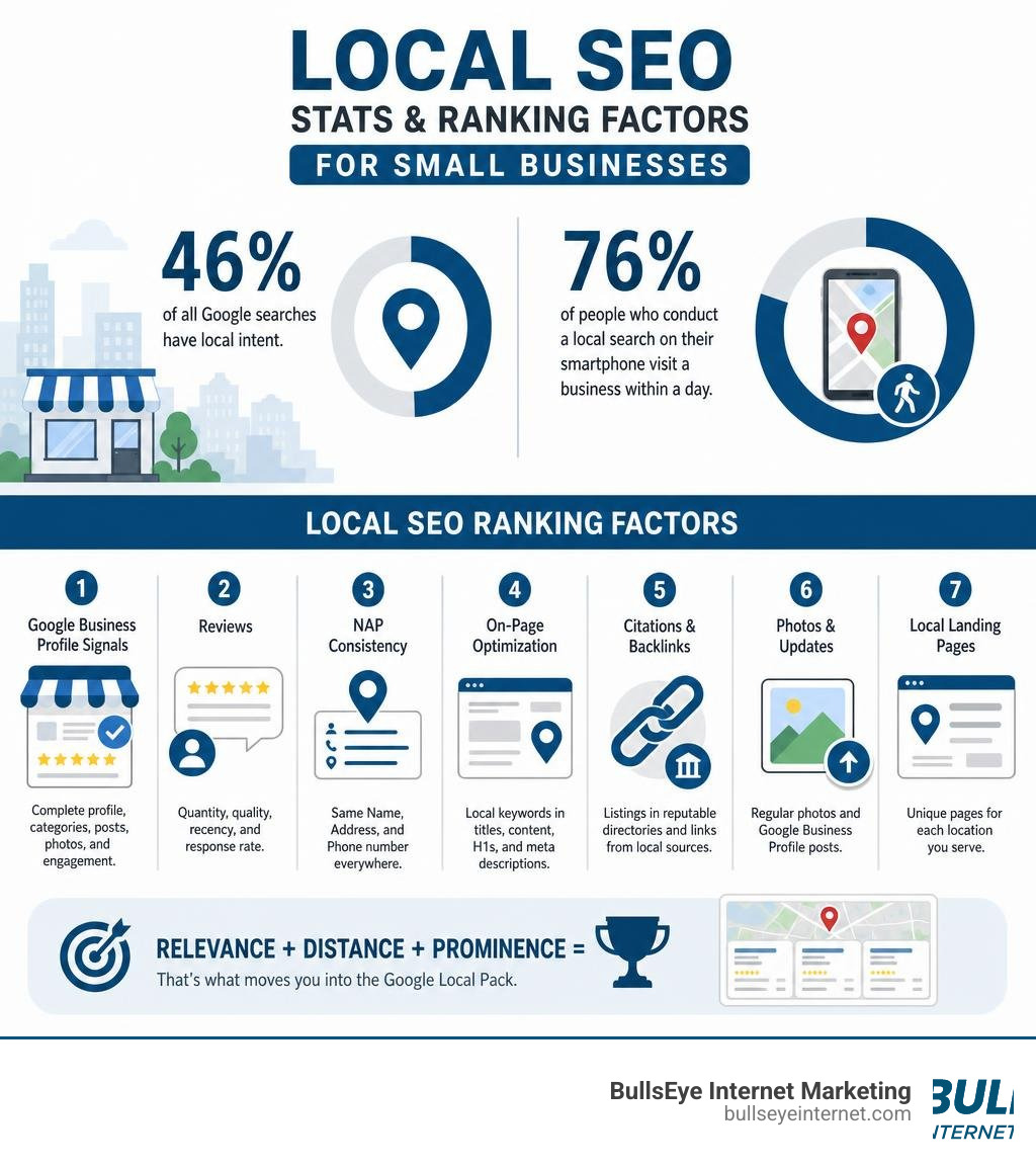 Local SEO statistics and ranking factors infographic for small businesses infographic Local SEO ranking factors infographic for small businesses, featuring Google Business Profile, reviews, NAP consistency,