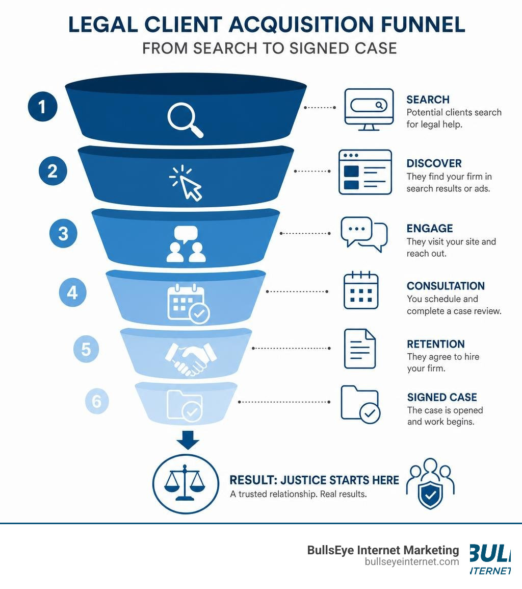 Legal client acquisition funnel illustrating search to signed case process.