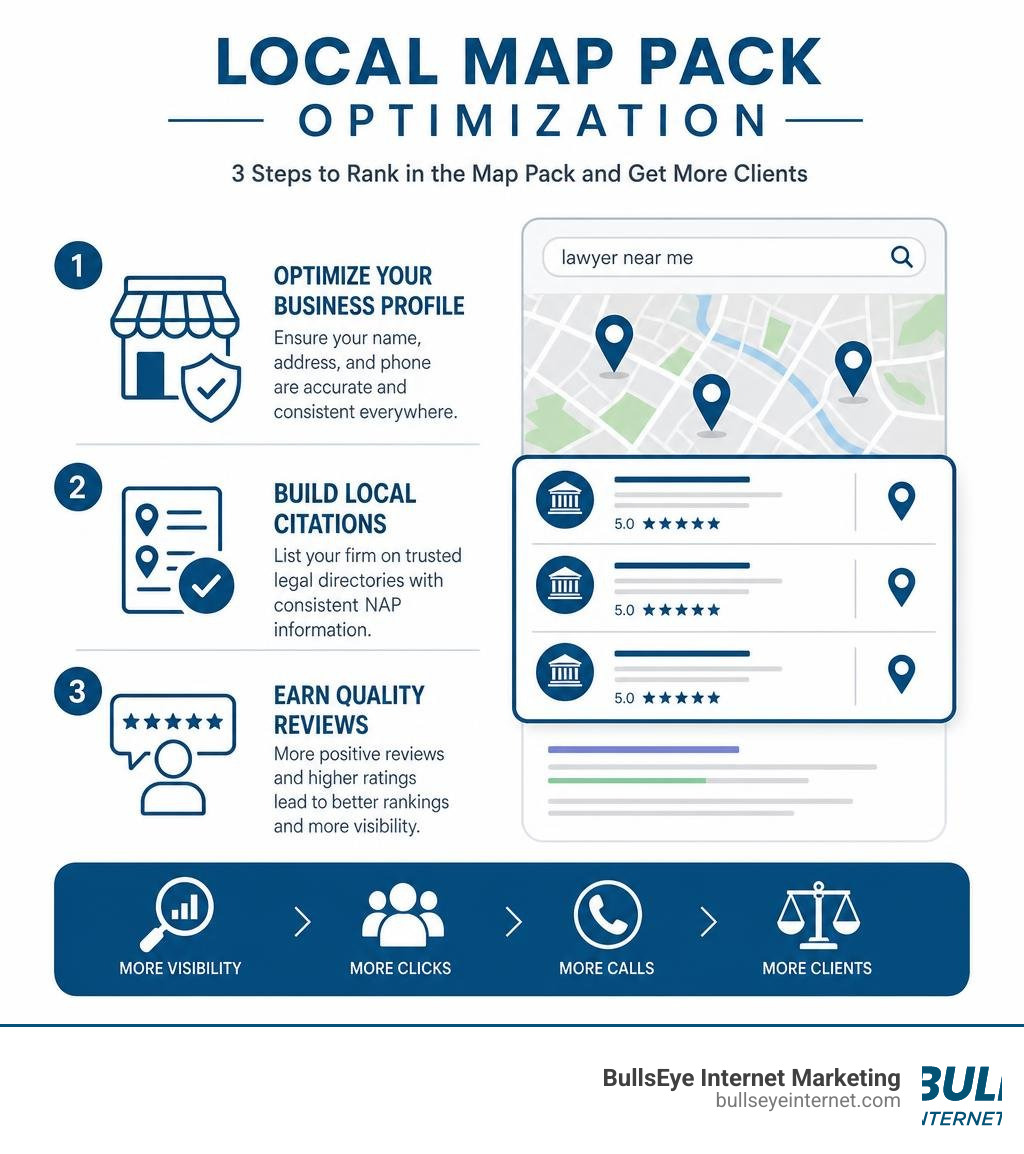 Local SEO infographic illustrating steps to rank in the Google Map Pack for legal services.