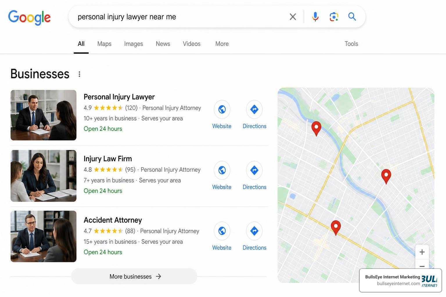 Google search results for personal injury lawyer near me and local business listings with map