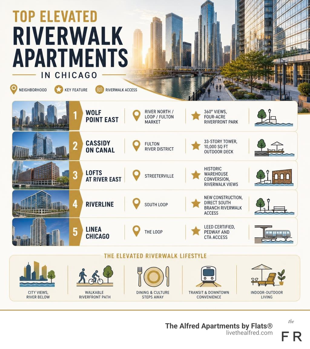 Top elevated riverwalk apartment buildings in Chicago with neighborhoods, key features, and riverwalk access infographic Top elevated riverwalk apartment buildings in Chicago with neighborhoods, key features, and riverwalk access infographic