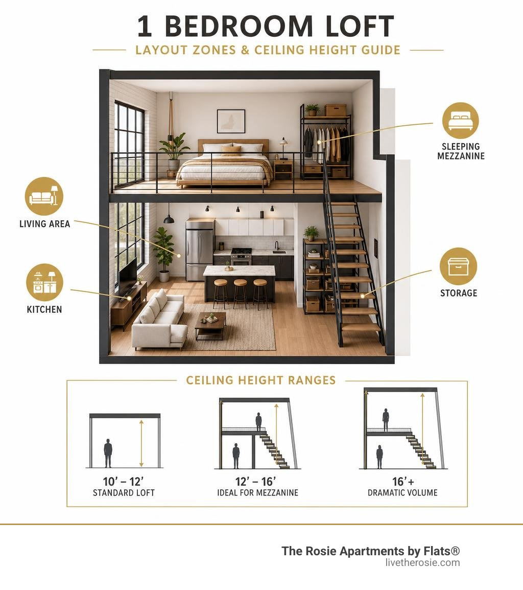 Infographic showing loft layout zones: living area, kitchen, sleeping mezzanine, storage, and ceiling height ranges